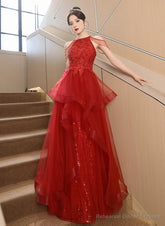 Red Tulle Halter A-line Long Evening Dress, Red Tulle Prom Dress Party Dress